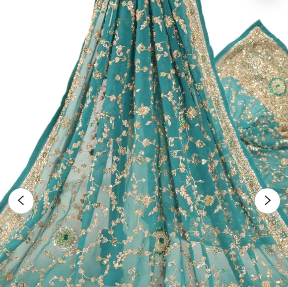 Vintage Heavy Dupatta Pure Georgette Silk Green Hand Beaded Wrap Stole - Picture 2 of 2